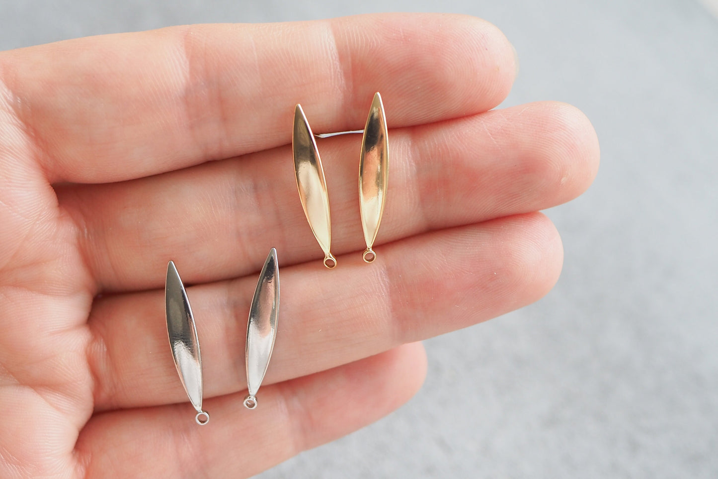 5 Paar Ohrstecker 21x8mm, echt vergoldet bzw. platiniert, spitzes langes Oval Horse Eye, Schmuckzubehör