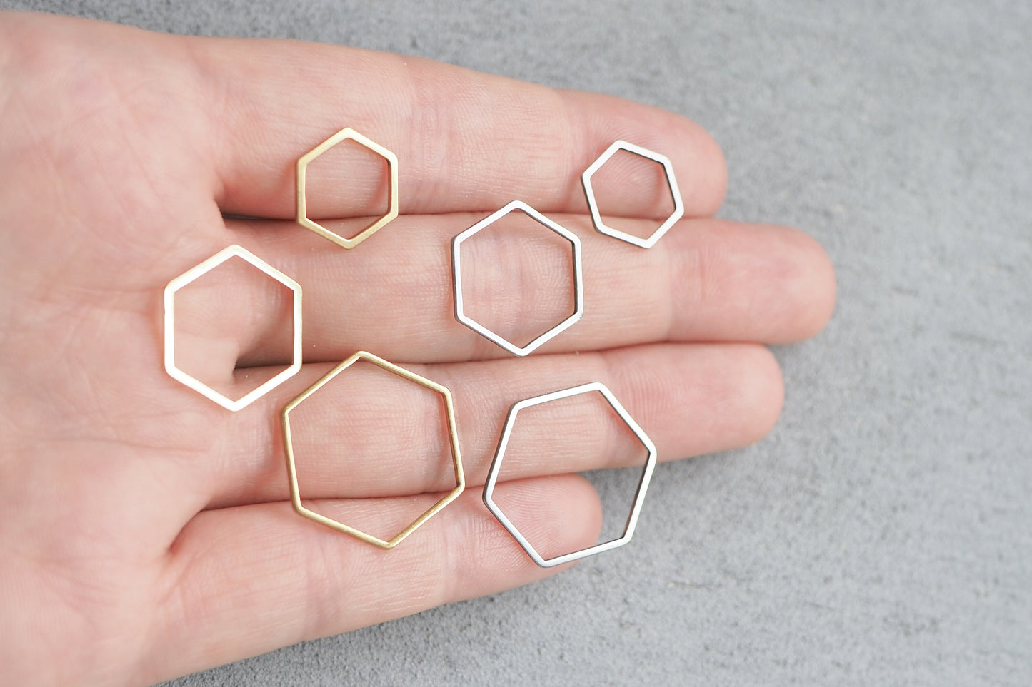 10 sechseckige Anhänger o. Verbinder aus Edelstahl, 12mm, 16mm o. 20mm, Sechseck Hexagon hohl, Gold oder Silber, Schmuckzubehör