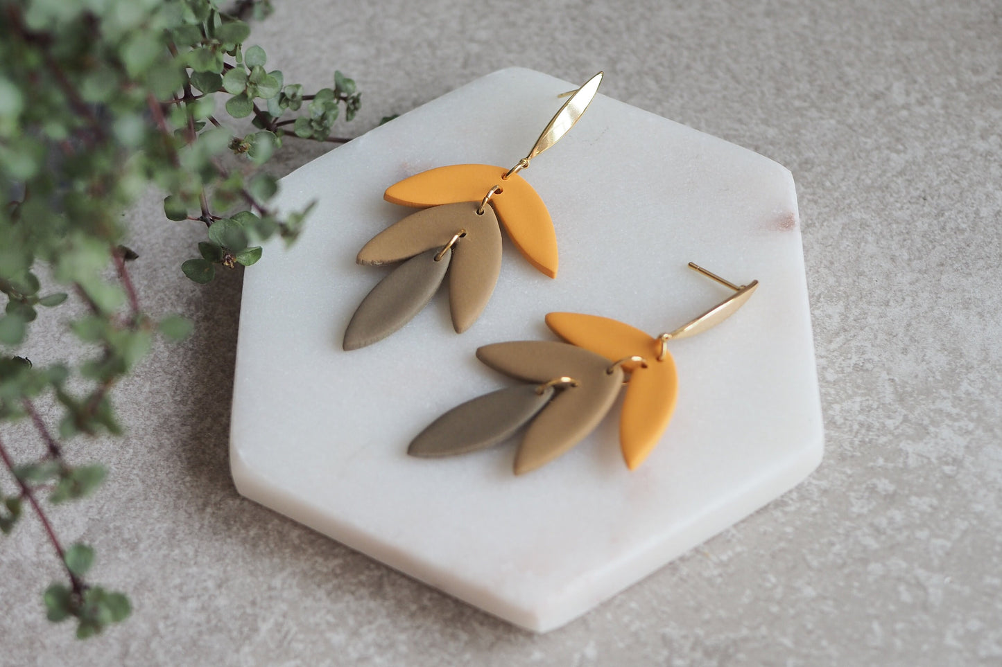 Handgemachte Ohrringe aus Polymer Ton, HERBST KOLLEKTION, Gelb Orange Braun Taupe, Handgefertigter Fimo Schmuck
