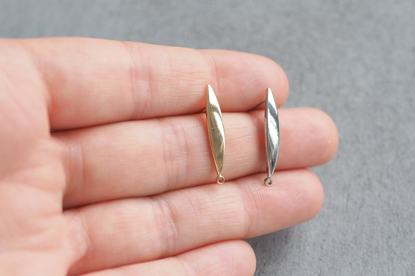 5 Paar Ohrstecker 21x8mm, echt vergoldet bzw. platiniert, spitzes langes Oval Horse Eye, Schmuckzubehör