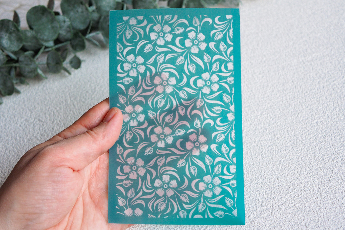 Silk Screen für Polymerton (FIMO), Blumen Blüten Muster, Siebdruck Schablone, 15cm x 9cm, Werkzeug Schmuckherstellung mit Polymer Ton