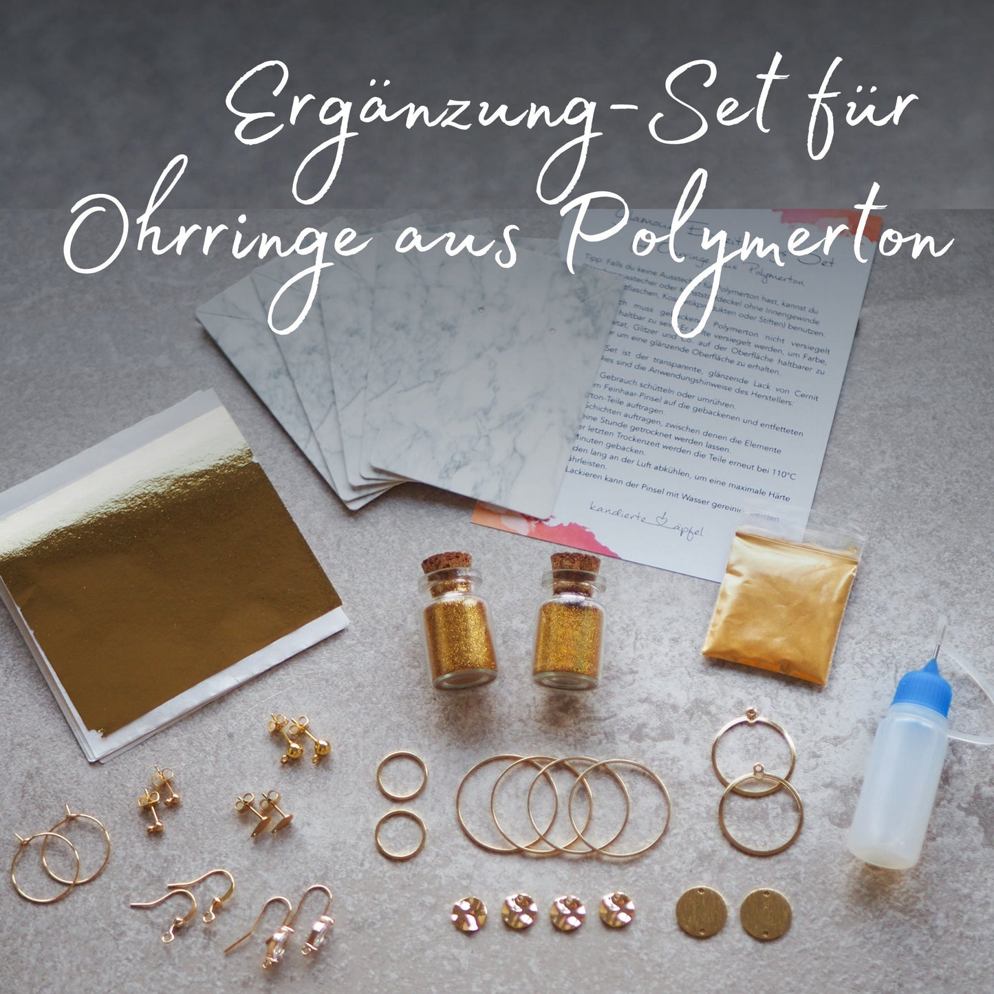DIY Set: FIMO Ohrringe "Glamour" Ergänzungs-Kit mit Glitzer, Blattgold, Mica Pulver, Polymerton uvm., Schmuck aus Polymer Ton selbst machen