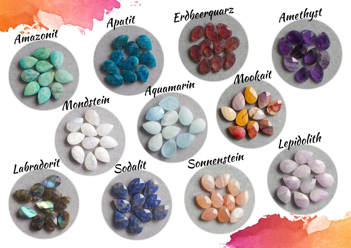 10x Edelstein Tropfen 12x8mm facettierte Perlen mit Querbohrung, Mondstein Labradorith Apatit Amazonit Aquamarin Sodalit Amethyst Mookait