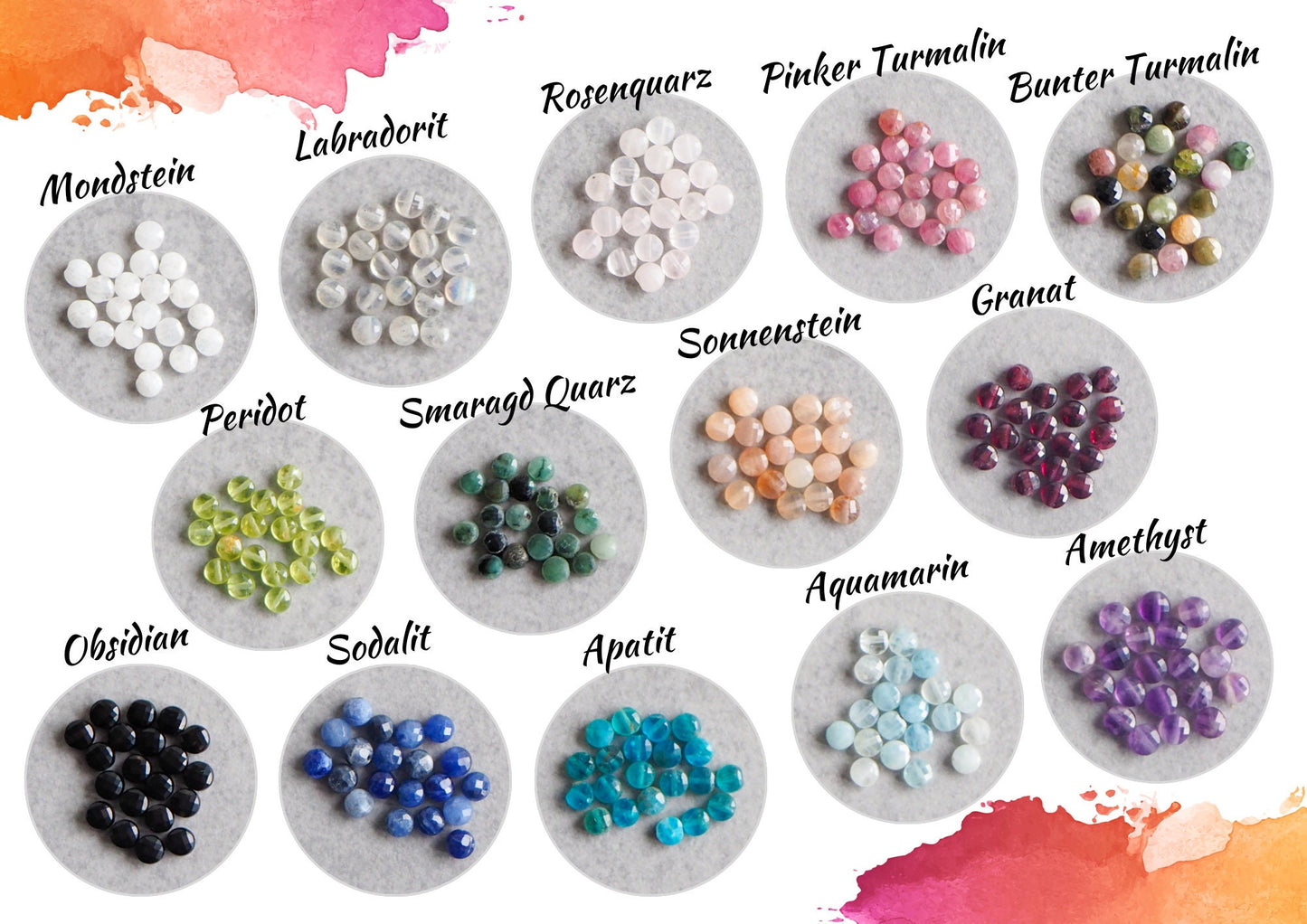 20x Edelstein Perlen 4-5mm, facettierte Linsen mit Querbohrung, Mondstein Labradorith Apatit Turmalin Aquamarin Sodalit Amethyst Granat