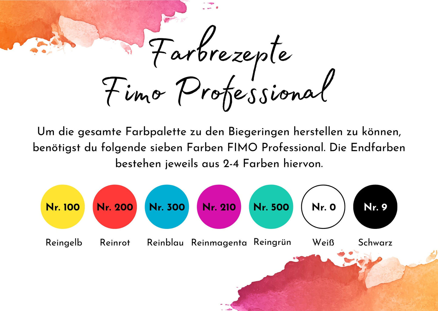 18 Farbrezepte für FIMO® Professional passend zu farbigen Biegeringen aus meinem Shop, Rezept Farben Polymerton