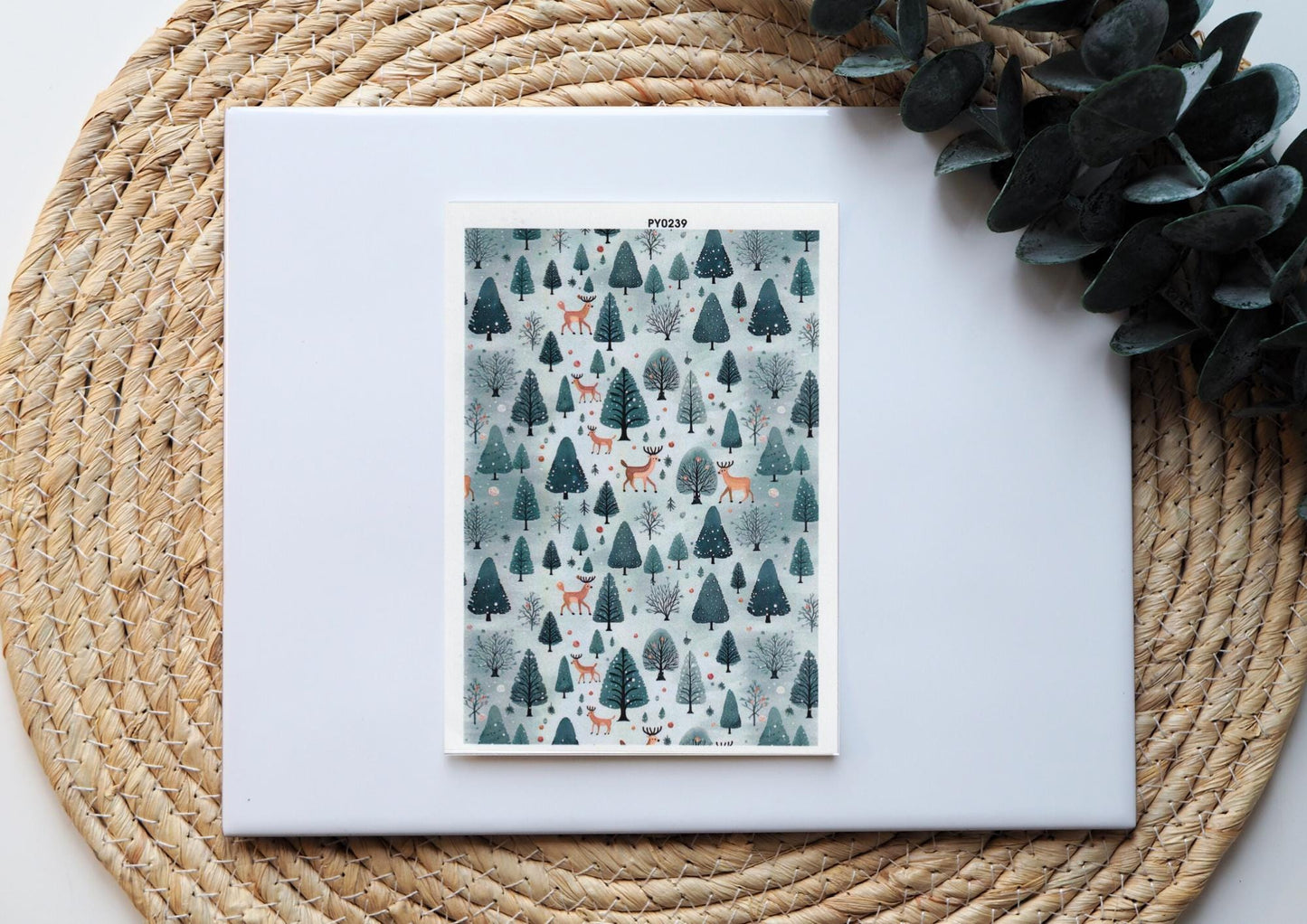 Transferpapier für Polymerton (FIMO®, Premo, Cernit), 15cm x 10,5cm, Wald Rentier Weihnachten Advent Tannenbaum, Schmuck aus Polymer Ton