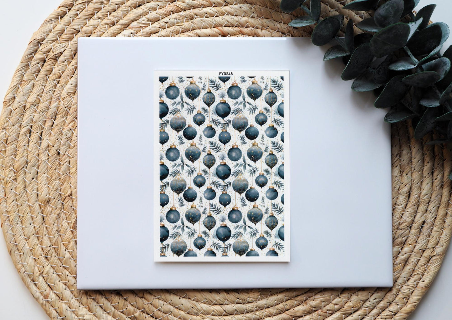 Transferpapier für Polymerton (FIMO®, Premo, Cernit), 15cm x 10,5cm, Baumschmuck Kugeln blau Weihnachten Advent, Schmuck aus Polymer Ton
