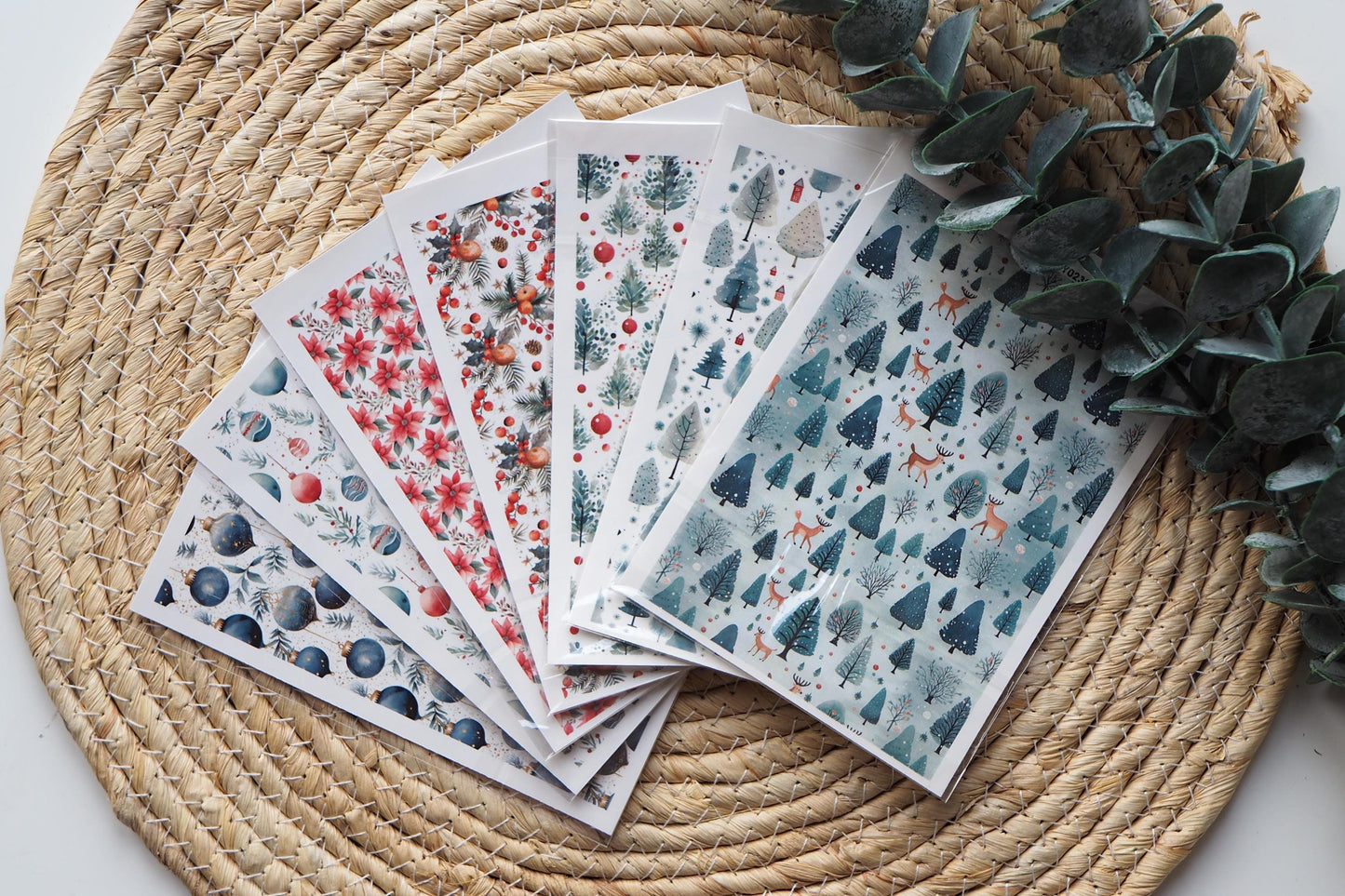 Transferpapier für Polymerton (FIMO®, Premo, Cernit), 15cm x 10,5cm, Wald Rentier Weihnachten Advent Tannenbaum, Schmuck aus Polymer Ton