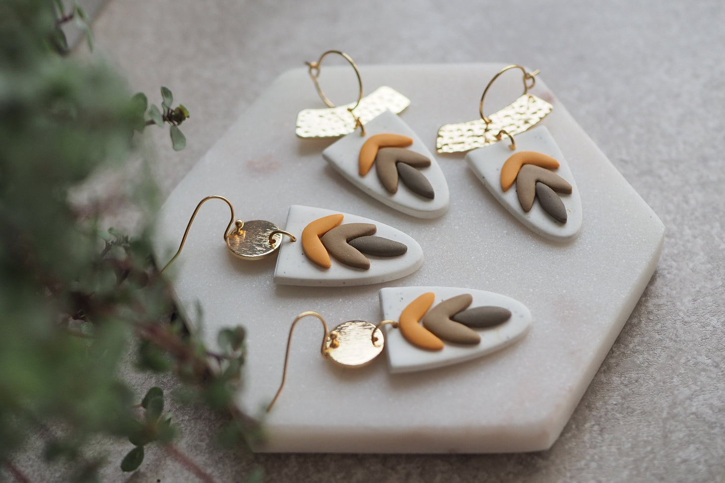 Handgemachte Ohrringe aus Polymer Ton, HERBST KOLLEKTION, Curry Senf Gelb Braun Taupe, Handgefertigter Fimo Schmuck