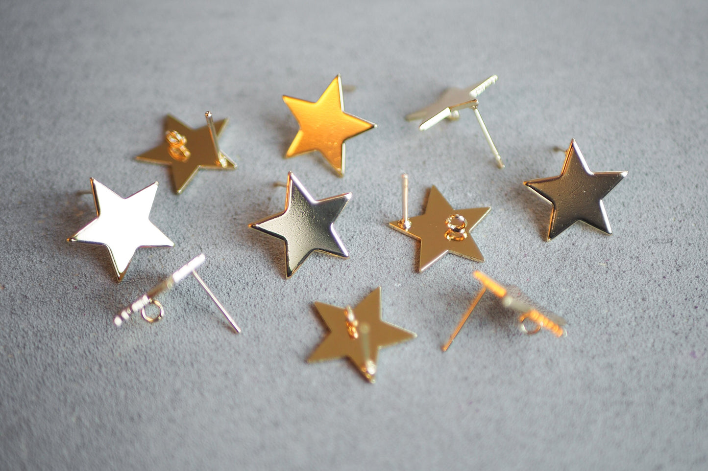 5 Paar Stern Ohrstecker aus Messing 18 Karat echt vergoldet, 17mm, Sterne Weihnachten Strahlen, Schmuckzubehör Gold