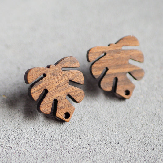 10x Holz Ohrstecker in Blattform 20mm, Monstera Fensterblatt, Schmuckzubehör für DIY Schmuck, Walnuss Holz Ohrringe Ohrschmuck