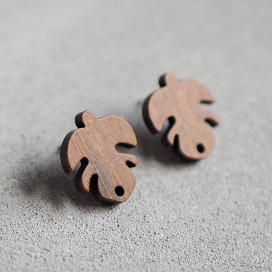 10x Holz Ohrstecker in Blattform 19,5mm, Monstera Fensterblatt, Schmuckzubehör für DIY Schmuck, Walnuss Holz Ohrringe Ohrschmuck